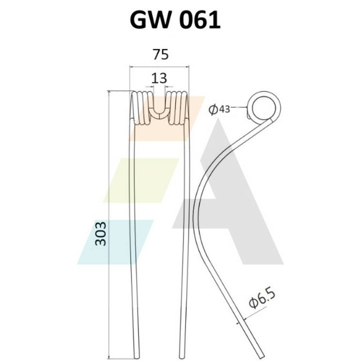 Dent pick-up 303mm, fil 6,5mm, pour presse à balles SOMECA, 133V310501, pièce interchangeable