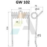 Dent pick-up 216mm, fil 5mm, pour presse à balles HEYWANG-SETA, PU429, pièce interchangeable