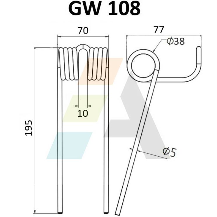 Dent pick-up 195mm, fil 5mm, pour presse à balles SOMECA, 44036954, pièce interchangeable