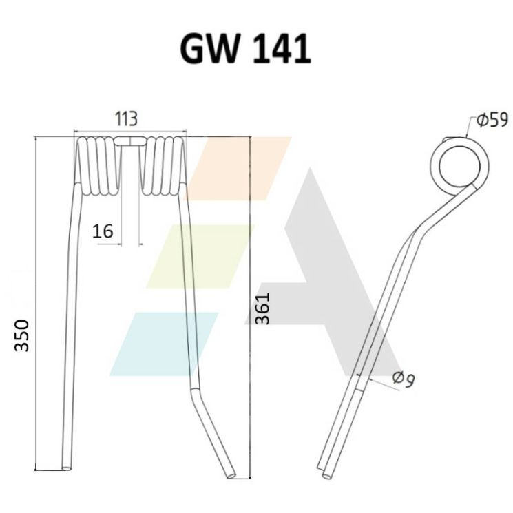 Dent de faneuse gauche pour PZ, VG PZ-107, pièce interchangeable