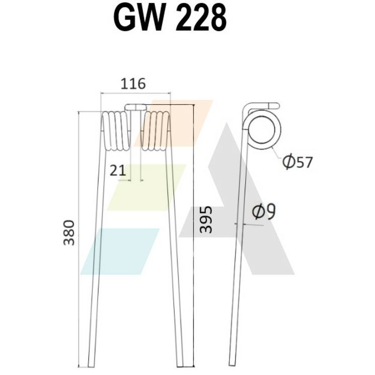 Dent pick-up 395mm, fil 9mm, pour presse à balles CMA, SWIZZERA, 1101882050, pièce interchangeable