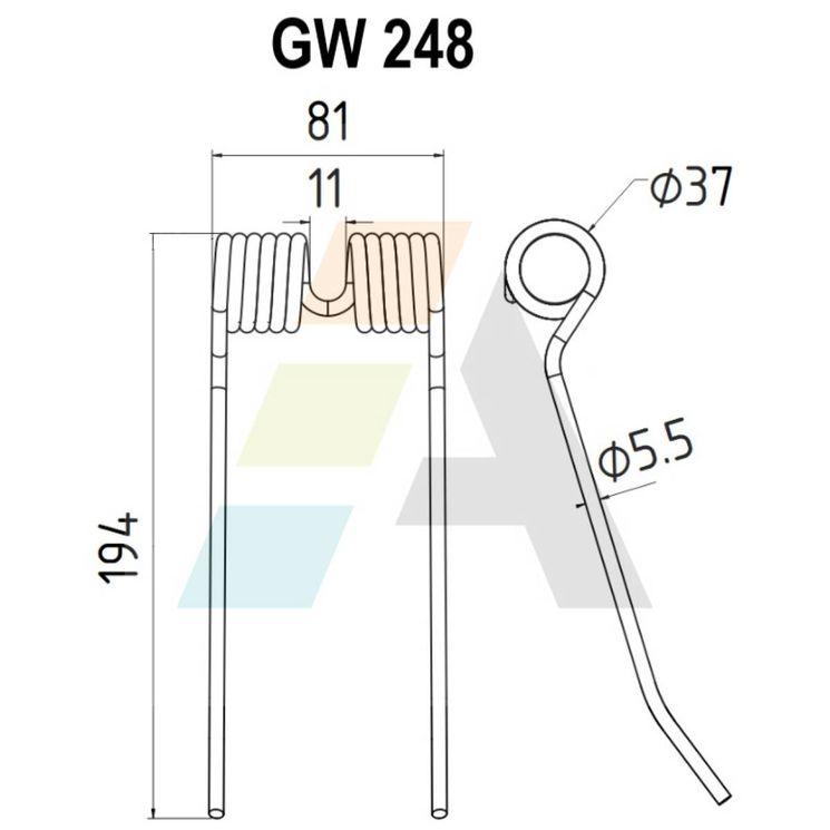 Dent pick-up 194mm, fil 5,5mm, pour presse à balles FMC, BP 600 SHW, pièce interchangeable