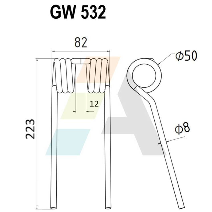 Dent pick-up 223mm, fil 8mm, pour presse à balles DROUET SYSTEME, PDS.DT.8-75, pièce interchangeable