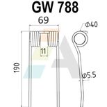 Dent pick-up 190mm, fil 5,5mm, pour presse à balles MCHALLE, CTN00008, pièce interchangeable