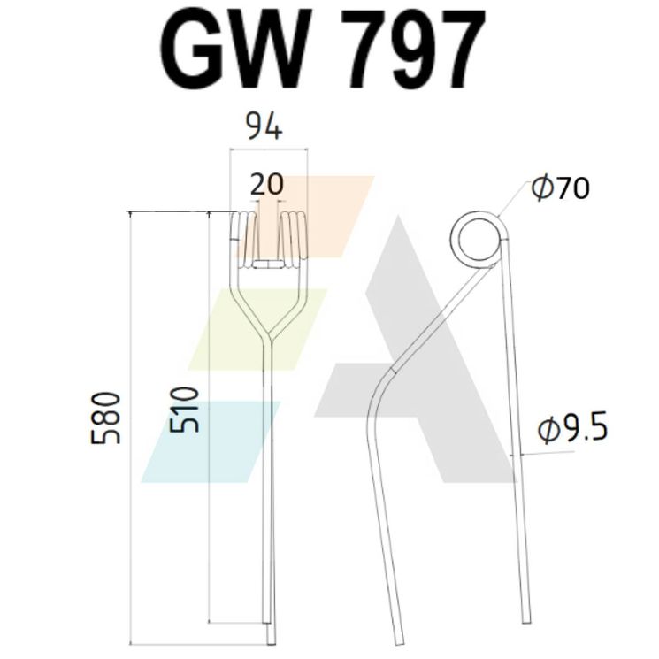 Dent pick-up 580mm, fil 9,5mm, pour presse à balles NIEMEYER 600 064b, 700728401, pièce interchangeable