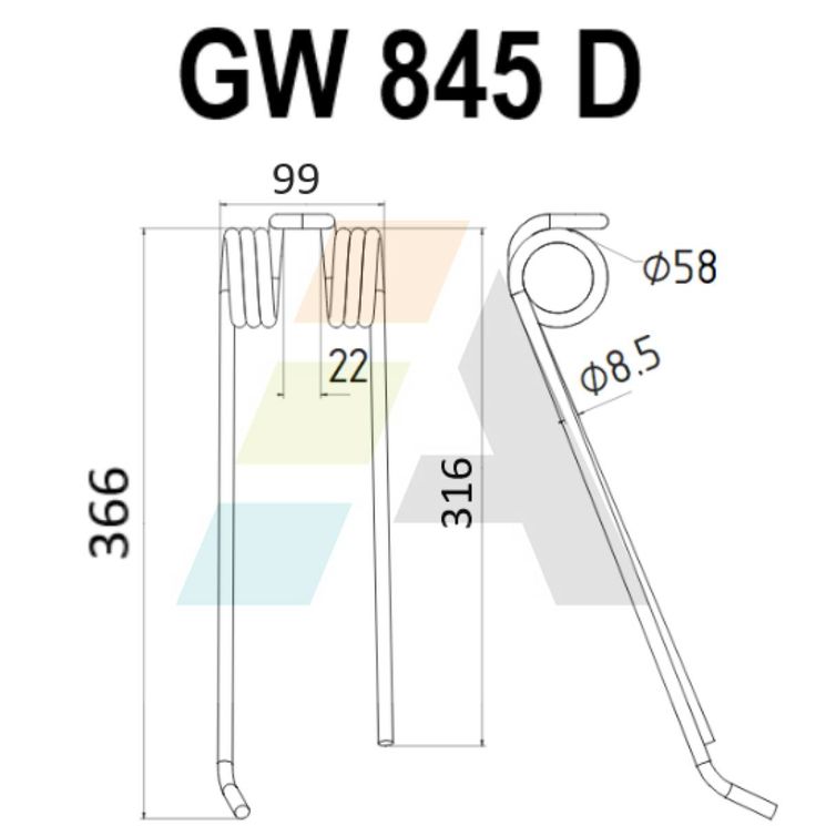 Dent double griffe pour faneuse LELY, 4 1023 0437 0 R/H, pièce interchangeable