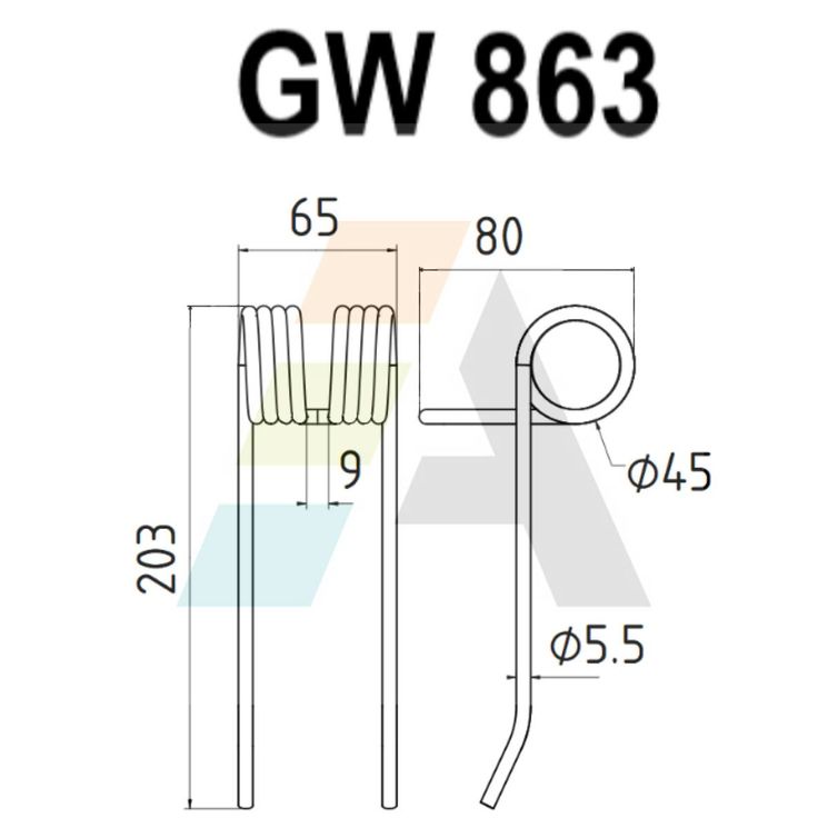 Dent d'andaineur double griffe 5,5mm pour UNIVERSEL, Lg.203xlg.65mm, pièce interchangeable