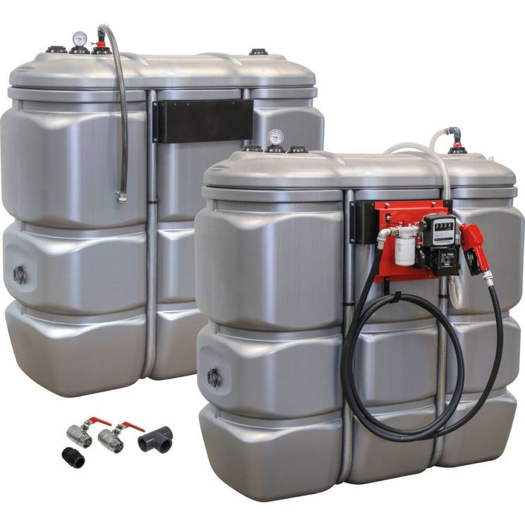 Pack double cuve de stockage Gasoil, Fuel, GNR, PEHD 1500 + 1500 litres double paroi, 60 l/min, DRAKKAR