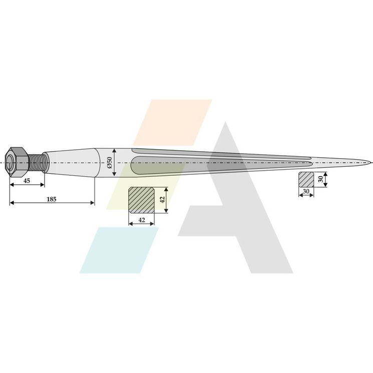 Doigt de fourche droit, fixation filetée M28X1.5, longueur 1100mm, Ø 50mm, pièce interchangeable