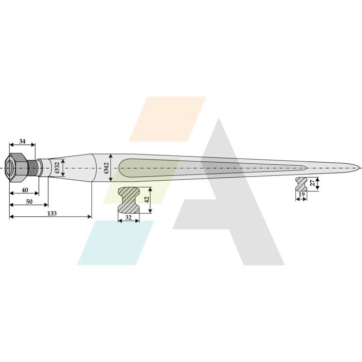 Doigt de fourche droit, fixation filetée M28X1.5, longueur 1200mm, Ø 42mm, pièce interchangeable