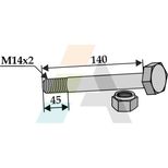 Vis partiellement filetée M14x2 avec écrou frein, lg.140mm filetage sur 45mm, classe 10.9