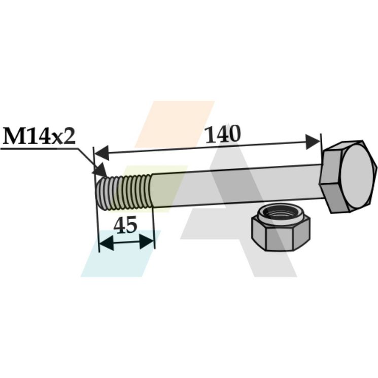 Vis partiellement filetée M14x2 avec écrou frein, lg.140mm filetage sur 45mm, classe 10.9