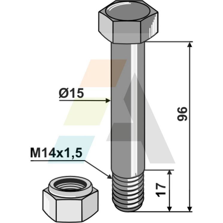 Vis M14x1,5, longueur 96 mm, 10.9, avec écrou frein, 05.775.10, pour BOMFORD