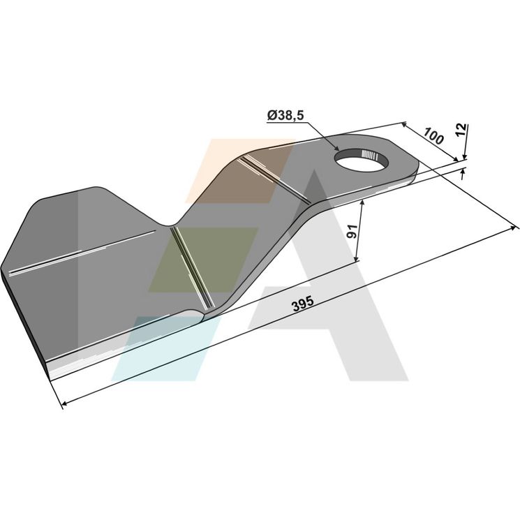 Lame coudée droite 395x100x12 mm, Ø38 mm, pour broyeur Mc Connel, Rousseau, 7770730 pièce interchangeable