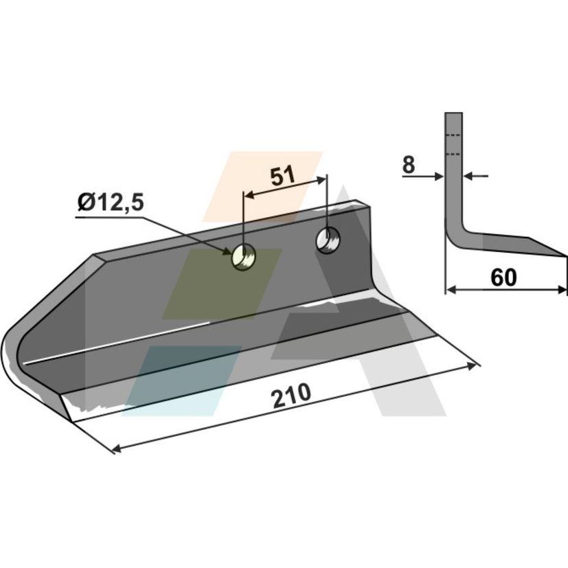 Couteau 210x60x8 mm, entraxe 51 mm, trous 12,5 mm, pour cureuse DONDI, gauche, pièce interchnageable