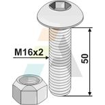 Boulon agricole 16x50 mm 6 pans creus avec ecrou frein interne, classe 10.9