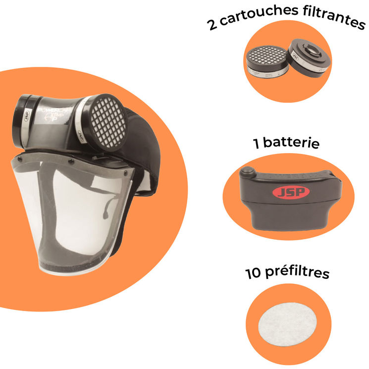 Pack complet : casquette ventilée POWER CAP + 2 cartouches filtrantes + 10 préfiltres + 1 batterie