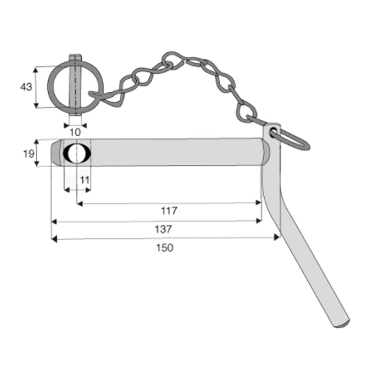 Axe d'attelage à poignée de Ø19 mm cat 1, 117 mm utile, avec chainette et goupille de Ø10 mm