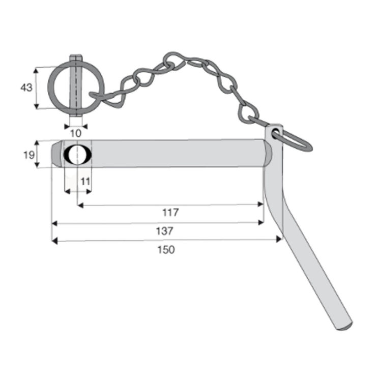 Axe d'attelage à poignée de Ø19 mm cat 1, 117 mm utile, avec chainette et goupille de Ø10 mm