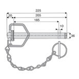 Axe d'attelage à poignée de Ø36 mm cat 3, 180 mm utile, avec chainette et goupille de Ø10 mm