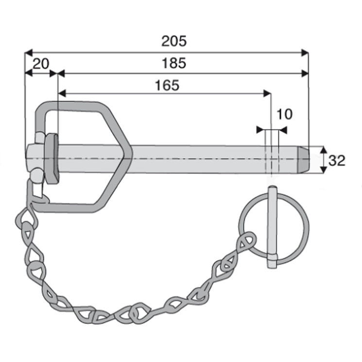 Axe d'attelage à poignée de Ø32 mm cat 3, avec chainette et goupille de Ø10 mm