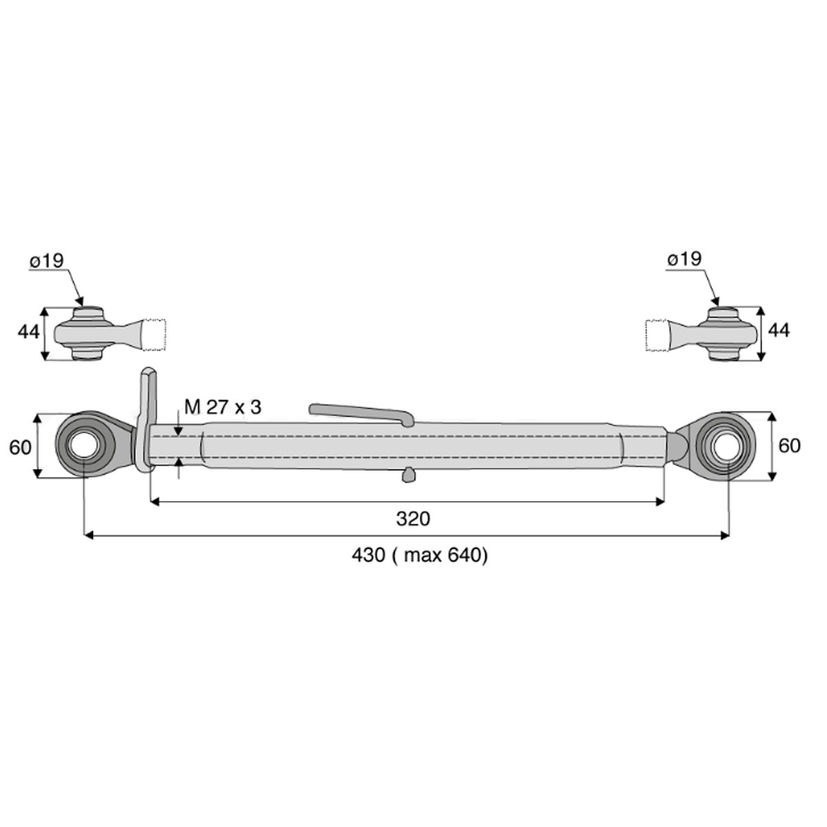 Barre de poussée mécanique rotule / rotule, catégorie 1/1, filetage 27x3 mm, longueur 430/640 mm, gamme Eco