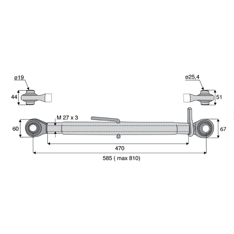 Barre de poussée mécanique rotule / rotule, catégorie 1/2, filetage 27x3 mm, longueur 585/810 mm, gamme Eco