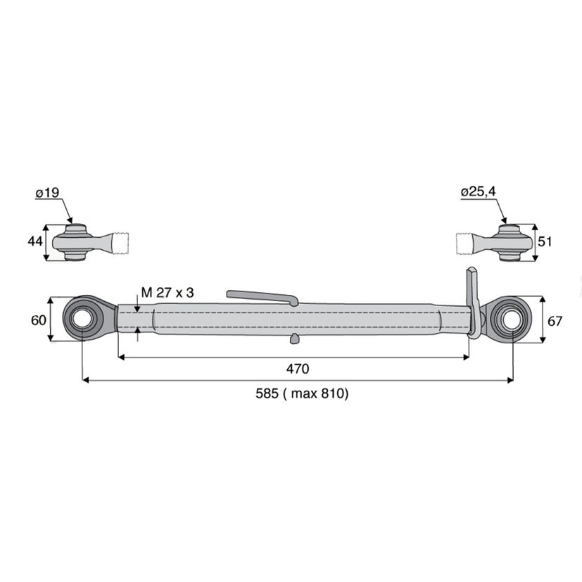 Barre de poussée mécanique rotule / rotule, catégorie 1/2, filetage 27x3 mm, longueur 585/810 mm, gamme Eco