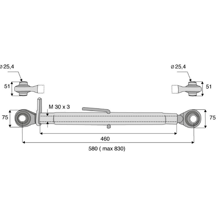 Barre de poussée mécanique rotule / rotule, catégorie 2/2, filetage 30x3 mm, longueur 580/830 mm, gamme Eco