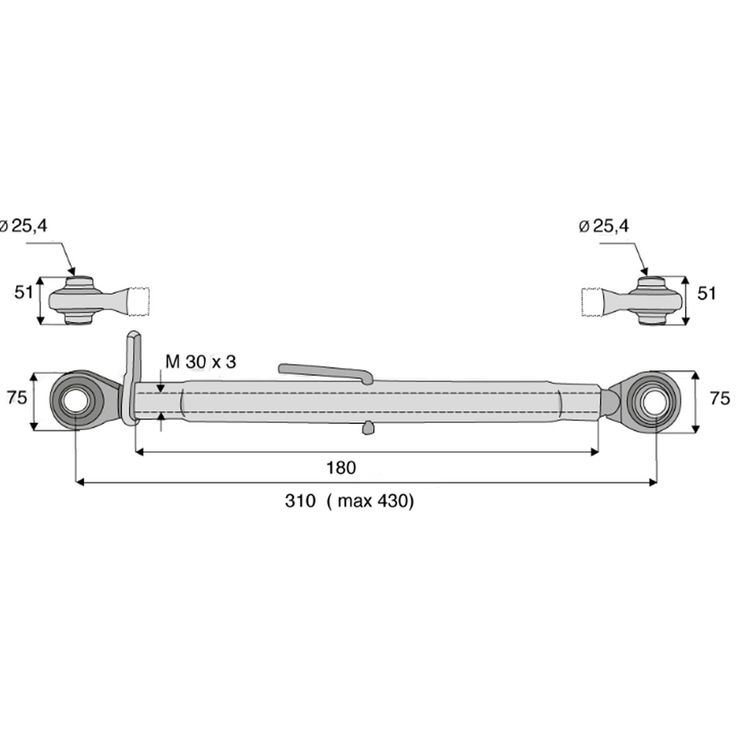 Barre de poussée mécanique rotule / rotule, catégorie 2/2, filetage 30x3 mm, longueur 310/430 mm, gamme Eco