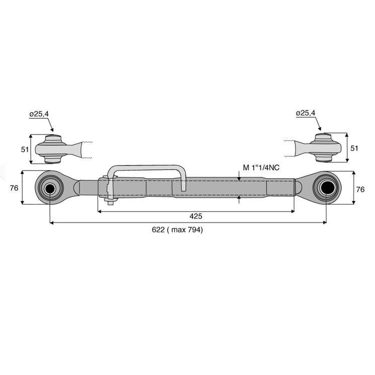 Barre de poussée mécanique rotule / rotule, catégorie 2/2, filetage 1"1/4NC, longueur 622/794 mm, gamme Eco