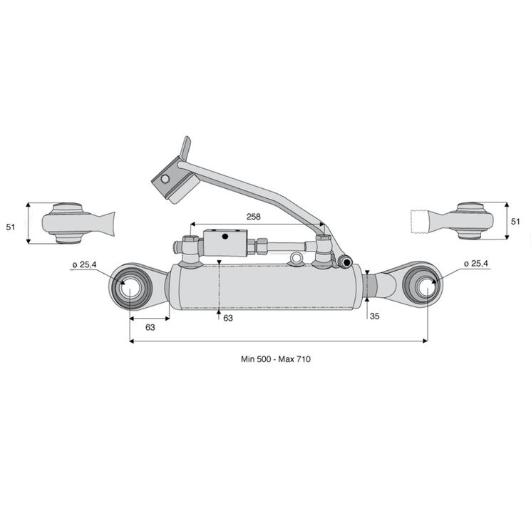Barre de poussée hydraulique rotule / rotule, catégorie 2/2, tige Ø35 mm, longueur 500/710 mm