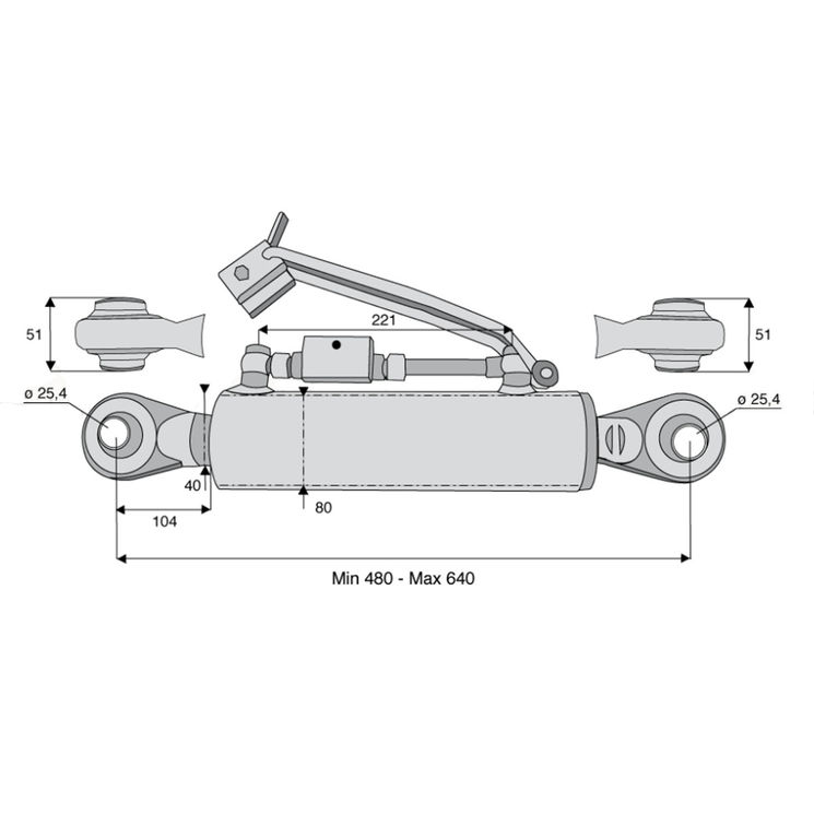 Barre de poussée hydraulique rotule / rotule, catégorie 2/2, tige Ø40 mm, longueur 480/640 mm