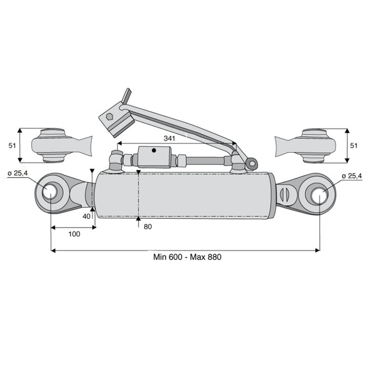 Barre de poussée hydraulique rotule / rotule, catégorie 2/2, tige Ø40 mm, longueur 600/880 mm