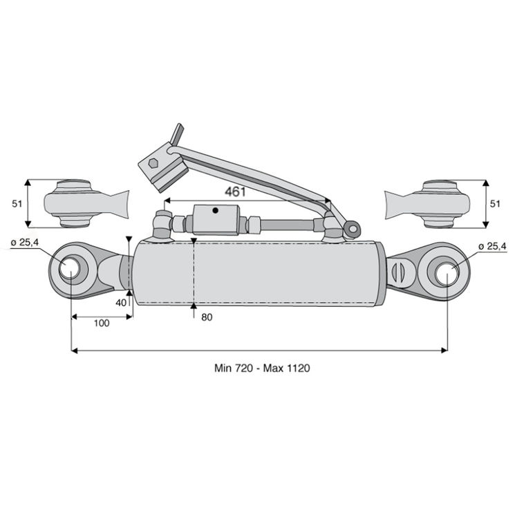 Barre de poussée hydraulique rotule / rotule, catégorie 2/2, tige Ø40 mm, longueur 720/1120 mm