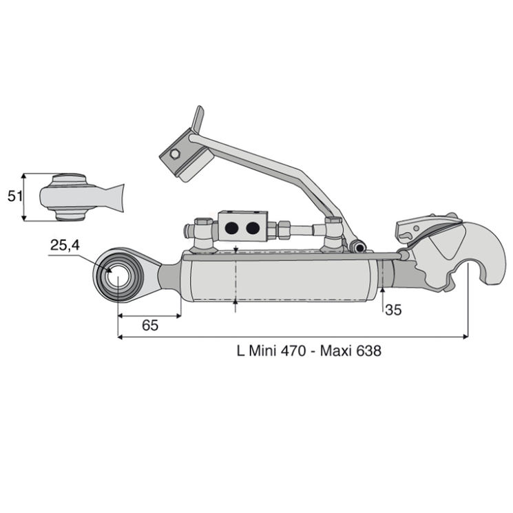 Barre de poussée hydraulique rotule / crochet, catégorie 2/2, tige Ø35 mm, longueur 470/638 mm