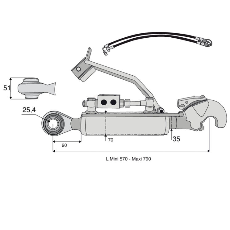 Barre de poussée hydraulique rotule / crochet, catégorie 2/2, tige Ø35 mm, longueur 570/790 mm avec kit flexible