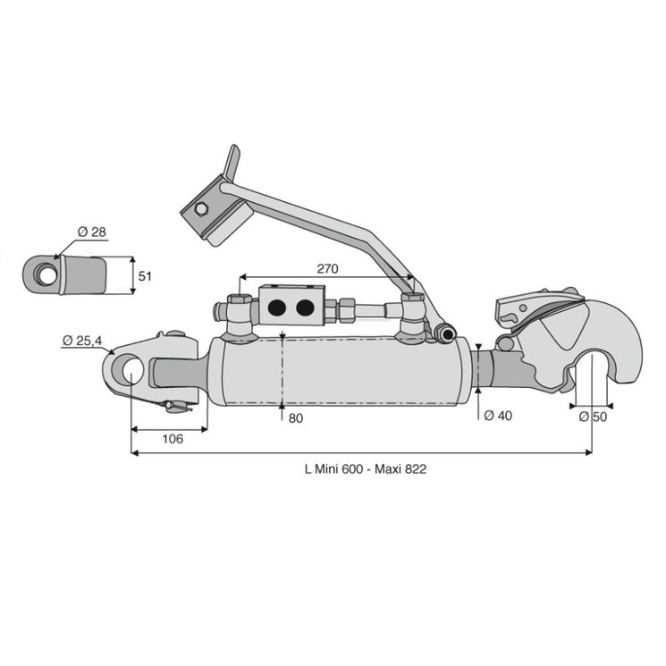 Barre de poussée hydraulique articulation / crochet, catégorie 2/2, tige Ø40 mm, longueur 600/822 mm