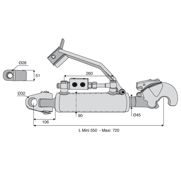 Barre de poussée hydraulique articulation / crochet, catégorie 3/3, tige Ø45 mm, longueur 550/720 mm