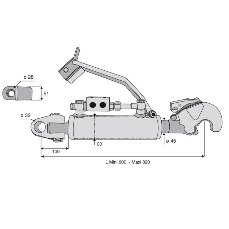 Barre de poussée hydraulique articulation / crochet, catégorie 3/3, tige Ø45 mm, longueur 600/820 mm