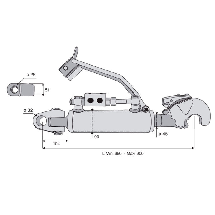 Barre de poussée hydraulique articulation / crochet, catégorie 3/3, tige Ø45 mm, longueur 650/900 mm