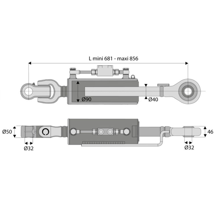 Barre de poussée hydraulique articulation / rotule, catégorie 3/4, tige Ø40 mm, longueur 723/961 mm, CBM