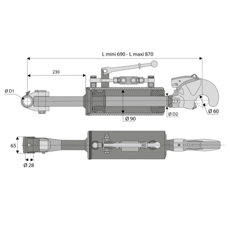 Barre de poussée hydraulique articulation / crochet, côté tracteur 28 mm, côté outil catégorie 3, tige Ø40 mm, longueur 690/870 mm, CBM