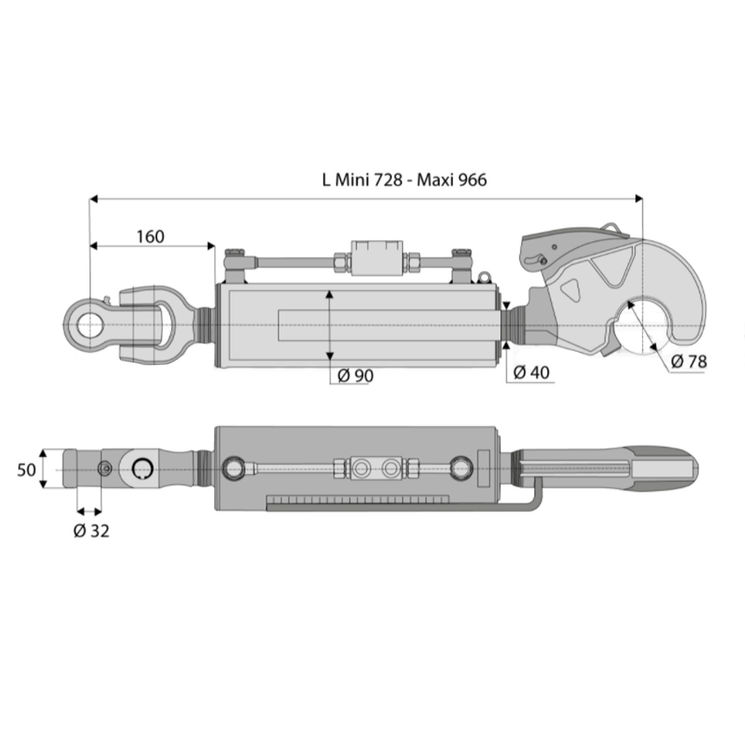 Barre de poussée hydraulique articulation / crochet, côté tracteur 32 mm, côté outil catégorie 4, tige Ø40 mm, longueur 728/966 mm, CBM