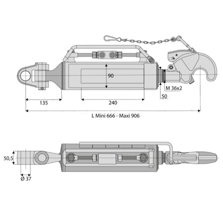 Barre de poussée hydraulique articulation / crochet, côté tracteur 37 mm, côté outil catégorie 3, tige Ø50 mm, longueur 666/906 mm, CBM