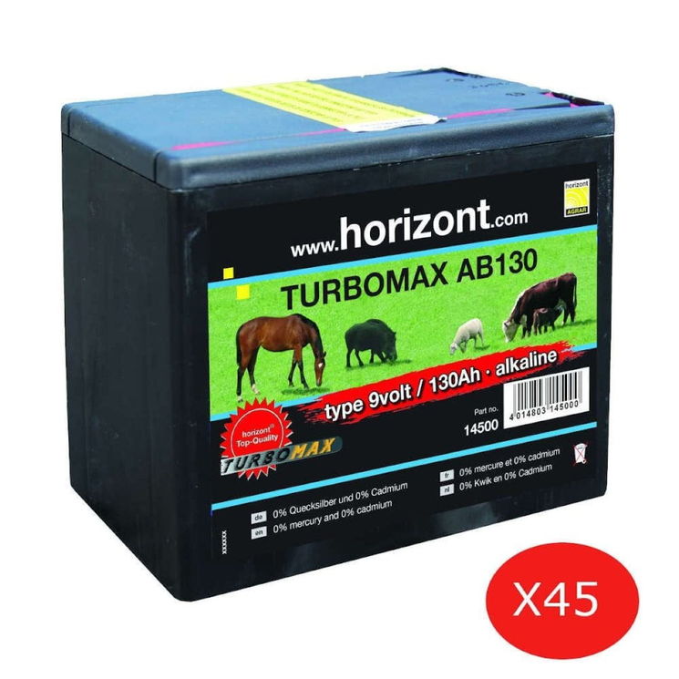 Box de 45 piles alcalines 9V - 130AH, 0% cadmium, 0 % mercure, HORIZONT Turbomax AB130