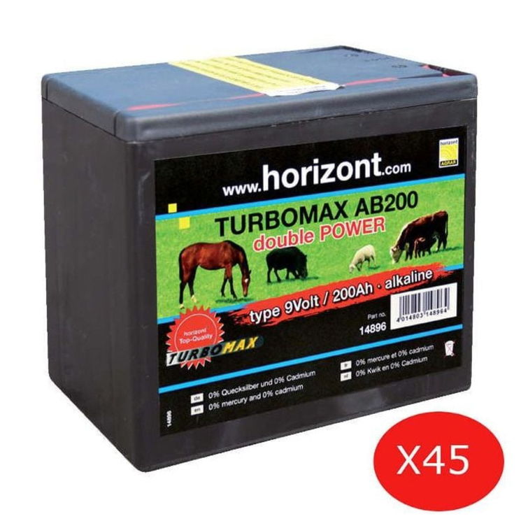 Box de 45 piles alcalines 9V - 200AH, 0% cadmium, 0 % mercure, HORIZONT Turbomax AB200