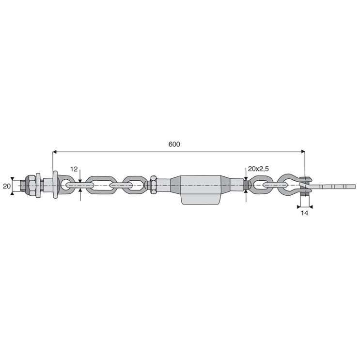 Stabilisateur à chaînes, fixation Bras / Sous Trompette Ø20/14 mm, M20x2,5, longueur 600 mm, nombre de maillons 3+2 AGRO