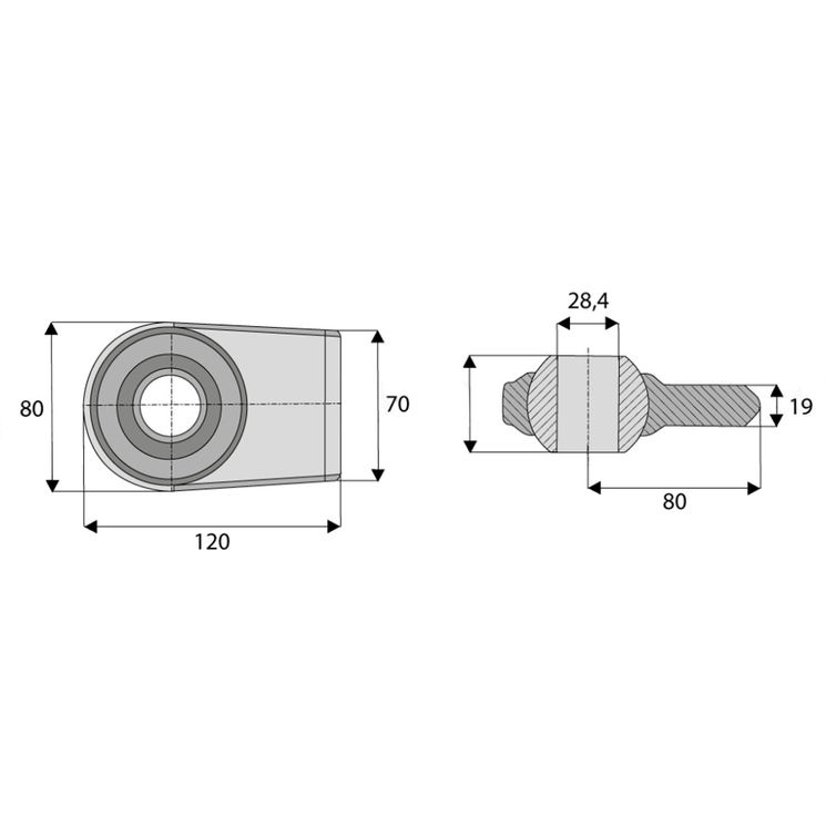 Rotule à souder droite Ø28,4mm flancs inclinés cat 2