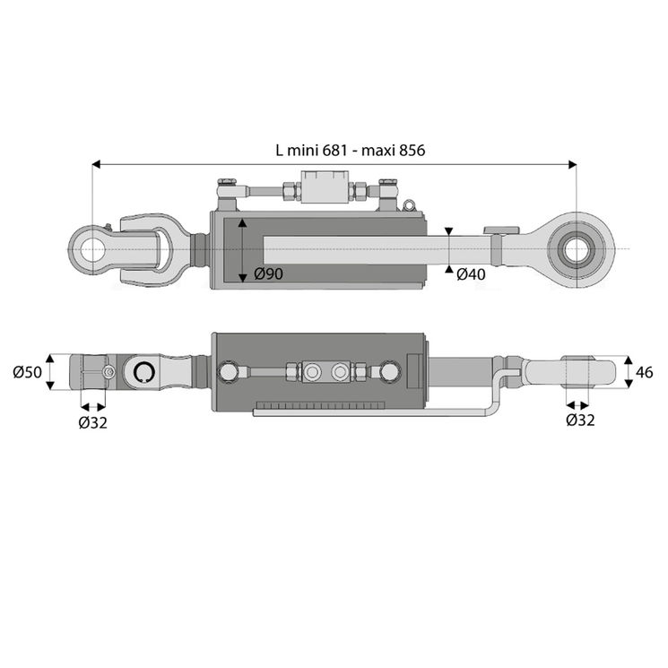 Barre de poussée hydraulique articulation / rotule, catégorie 3/3, tige Ø40 mm, longueur 681/856 mm, CBM